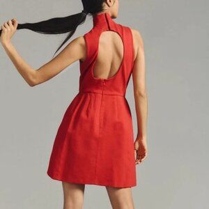 Anthropologie Hutch Mock Neck Mini Dress Open Back Red Coral Women's Size Large